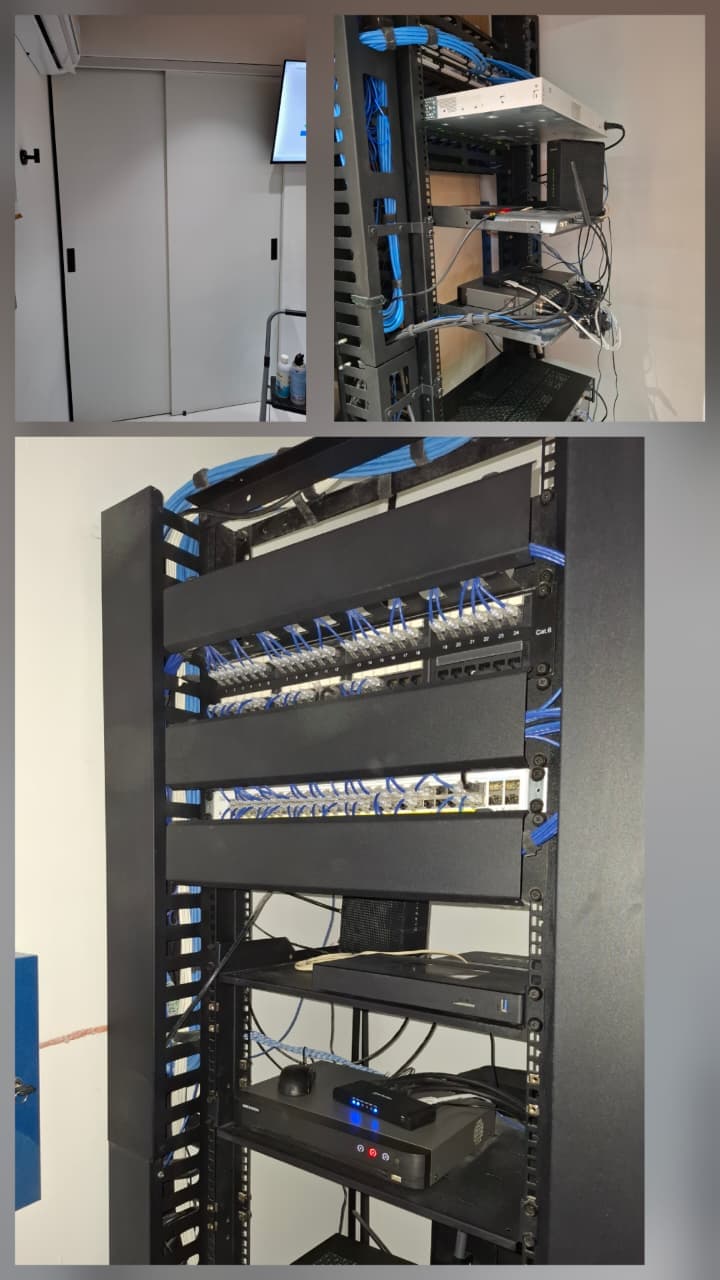 Rack de telecomunicaciones con patch panel categoría 6, switch y equipo de videovigilancia